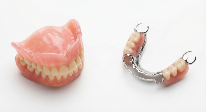 Partial and full dentures in Pickering displayed side by side showing acrylic full denture and metal-framework partial denture options at Bayly Dental Clinic