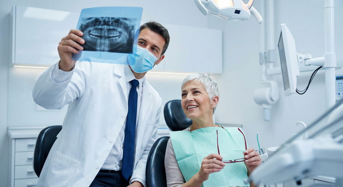 Dentist reviewing a panoramic dental X-ray with a smiling patient during a dental implants in Pickering consultation at Bayly Dental Clinic.