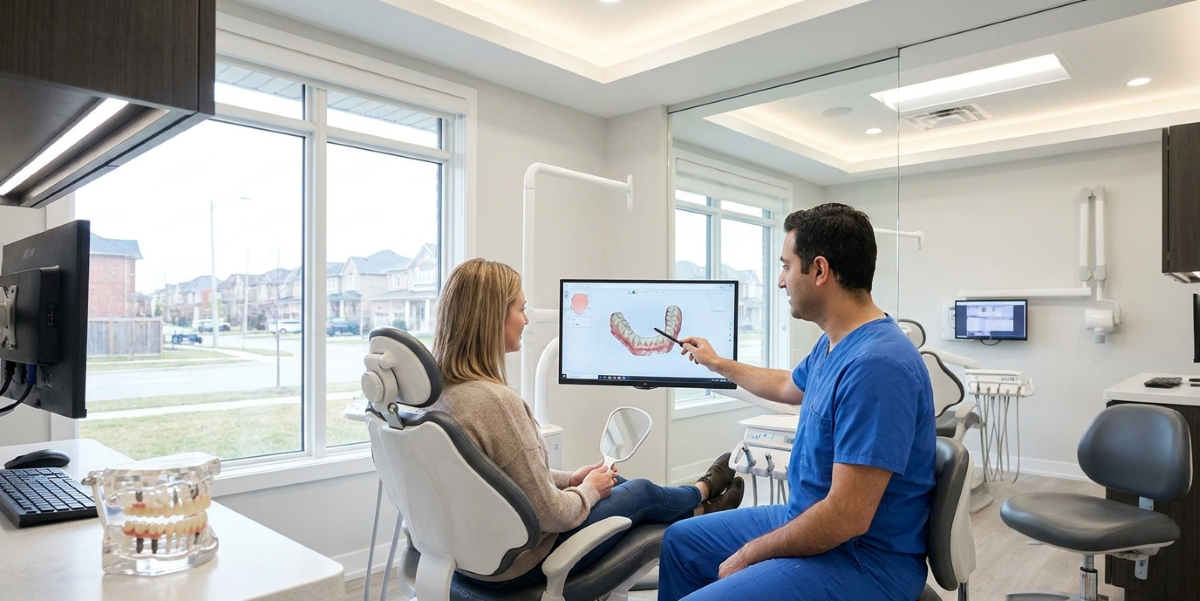 All-on-4 Dental Implants in Pickering, Candidate Evaluation & Digital Scan Consultation at Bayly Dental Clinic Dentist evaluating a Pickering patient's candidacy for All-on-4 dental implants using a 3D iTero digital scan of the upper arch at Bayly Dental Clinic