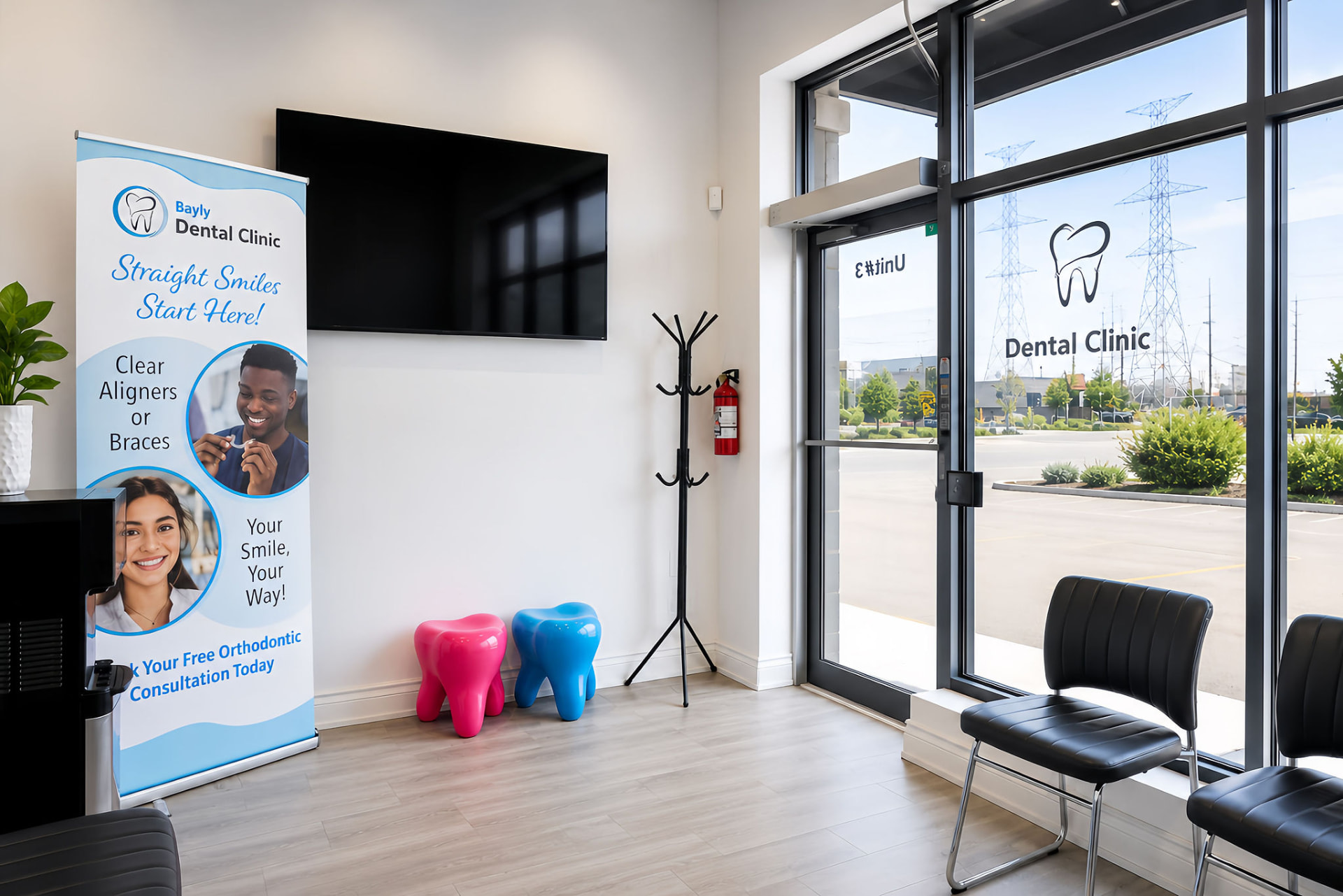 Waiting area with orthodontic banner at Bayly Dental Clinic