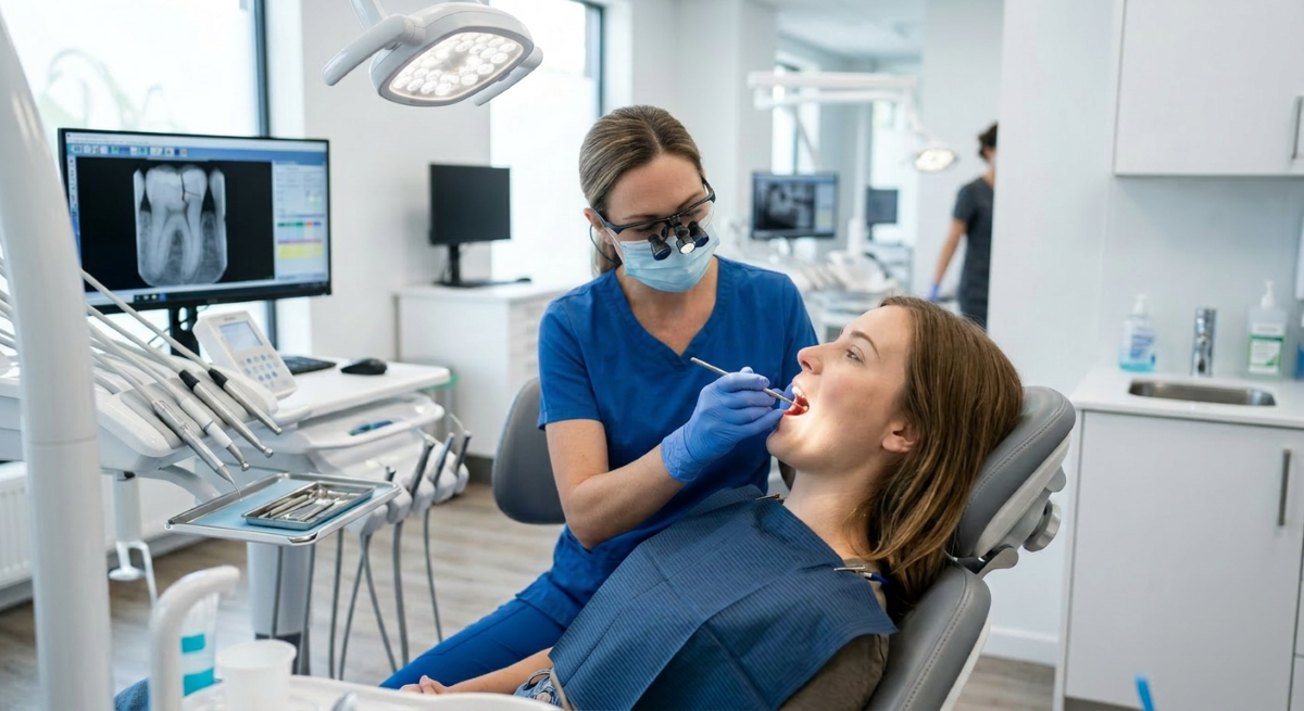 Emergency dentist in Pickering performing an urgent oral examination and pain assessment on a patient at Bayly Dental Clinic