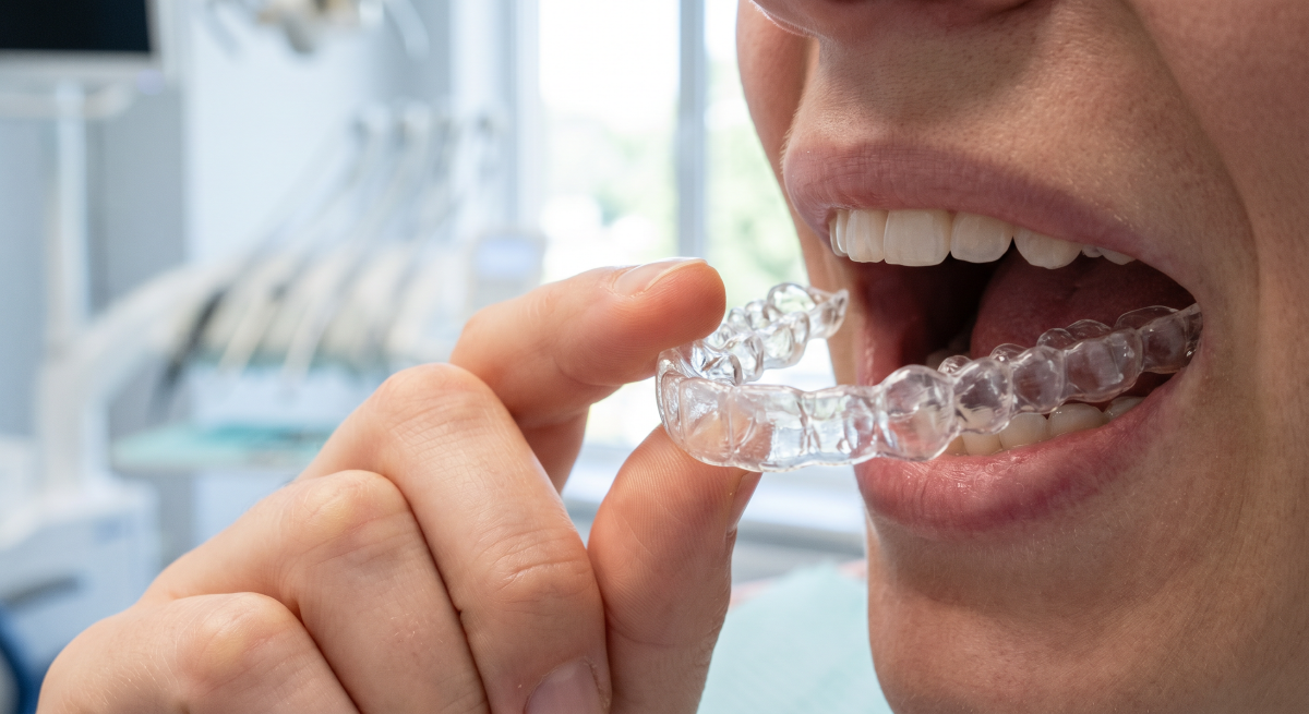 How Invisalign in Pickering Works - Patient Inserting a Custom Clear Aligner at Bayly Dental Clinic Patient placing a custom Invisalign in Pickering clear aligner tray during an orthodontic appointment at Bayly Dental Clinic