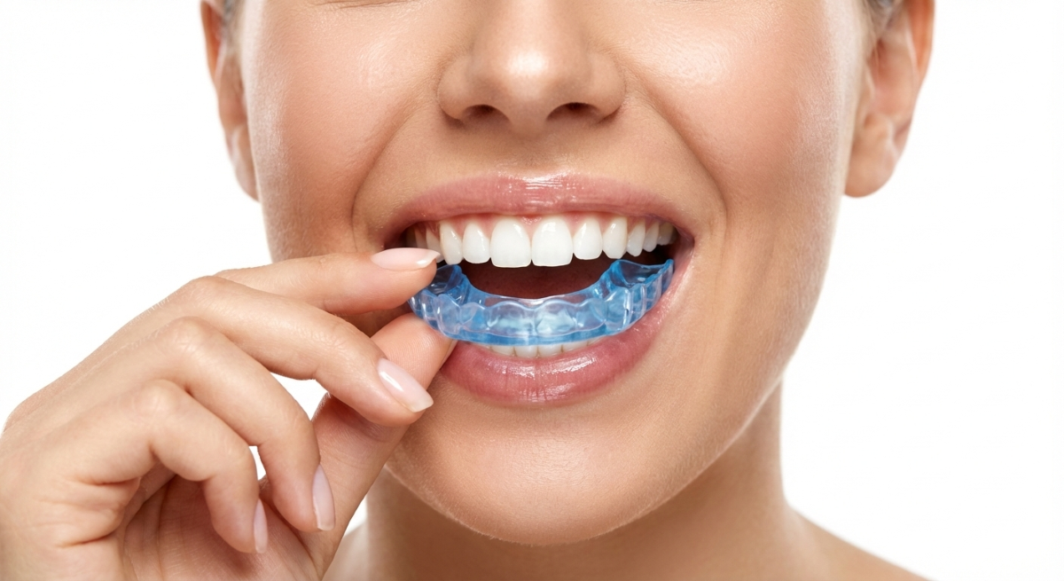 Patient placing a custom occlusal and night guard for teeth grinding protection in Pickering