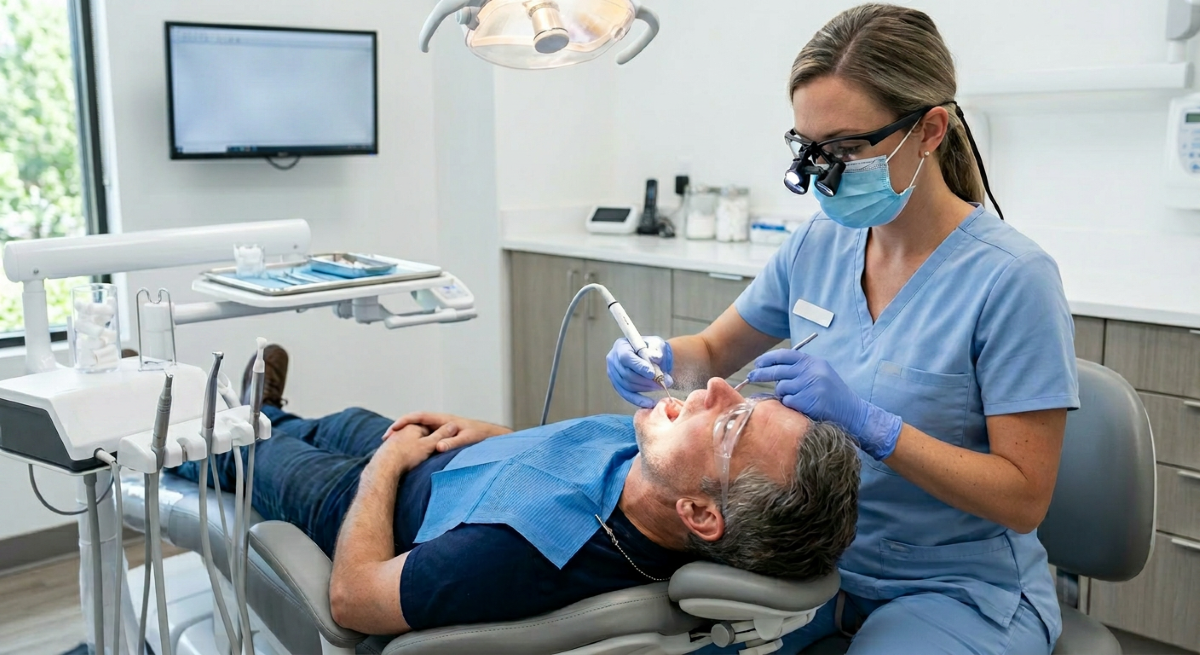 Dental hygiene in Pickering procedure with a registered dental hygienist performing professional scaling and ultrasonic cleaning at Bayly Dental Clinic