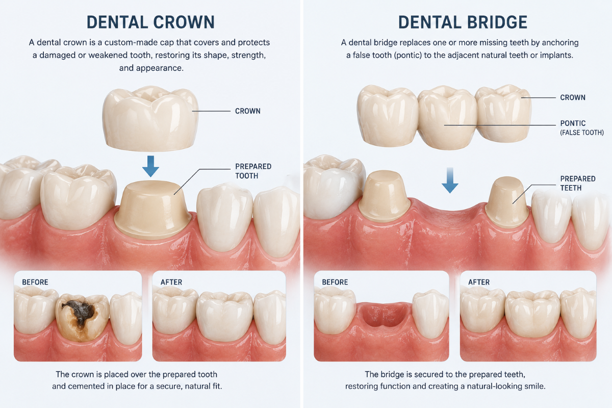 Dental crowns and bridges in Pickering diagram showing crown placement over a prepared tooth and a bridge replacing a missing tooth at Bayly Dental Clinic