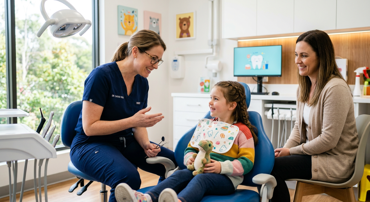 Pediatric dentistry in Pickering - a child-friendly dentist gently introducing a smiling young patient to a dental visit