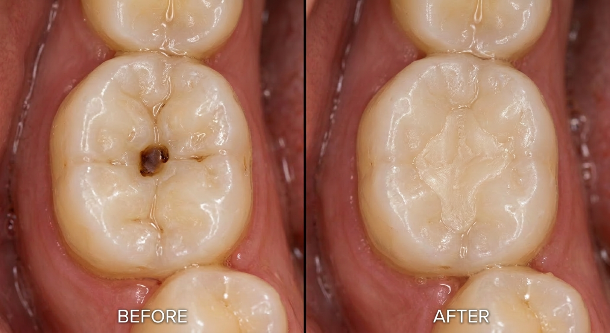 Tooth fillings Pickering before and after - decayed molar restored with a tooth-colored composite filling at Bayly Dental Clinic