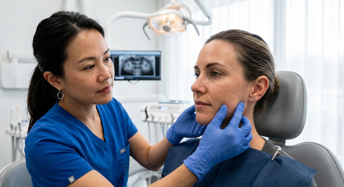Dentist performing a TMJ and masseter muscle evaluation on a patient during a Therapeutic Botox in Pickering consultation at Bayly Dental Clinic