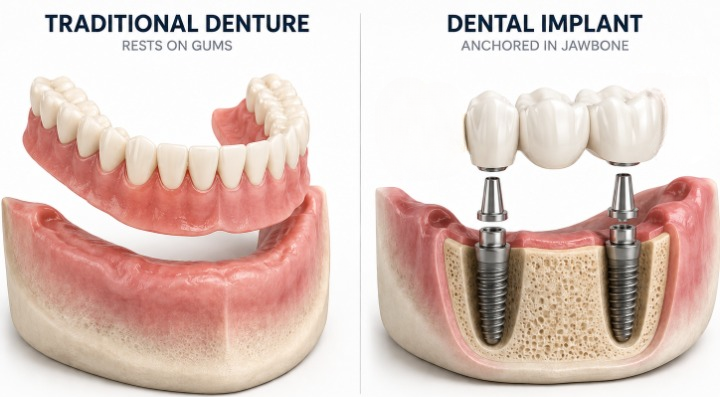 Side-by-side anatomical comparison of dental implants vs dentures in Pickering showing a traditional denture resting on gums next to a dental implant anchored into the jawbone