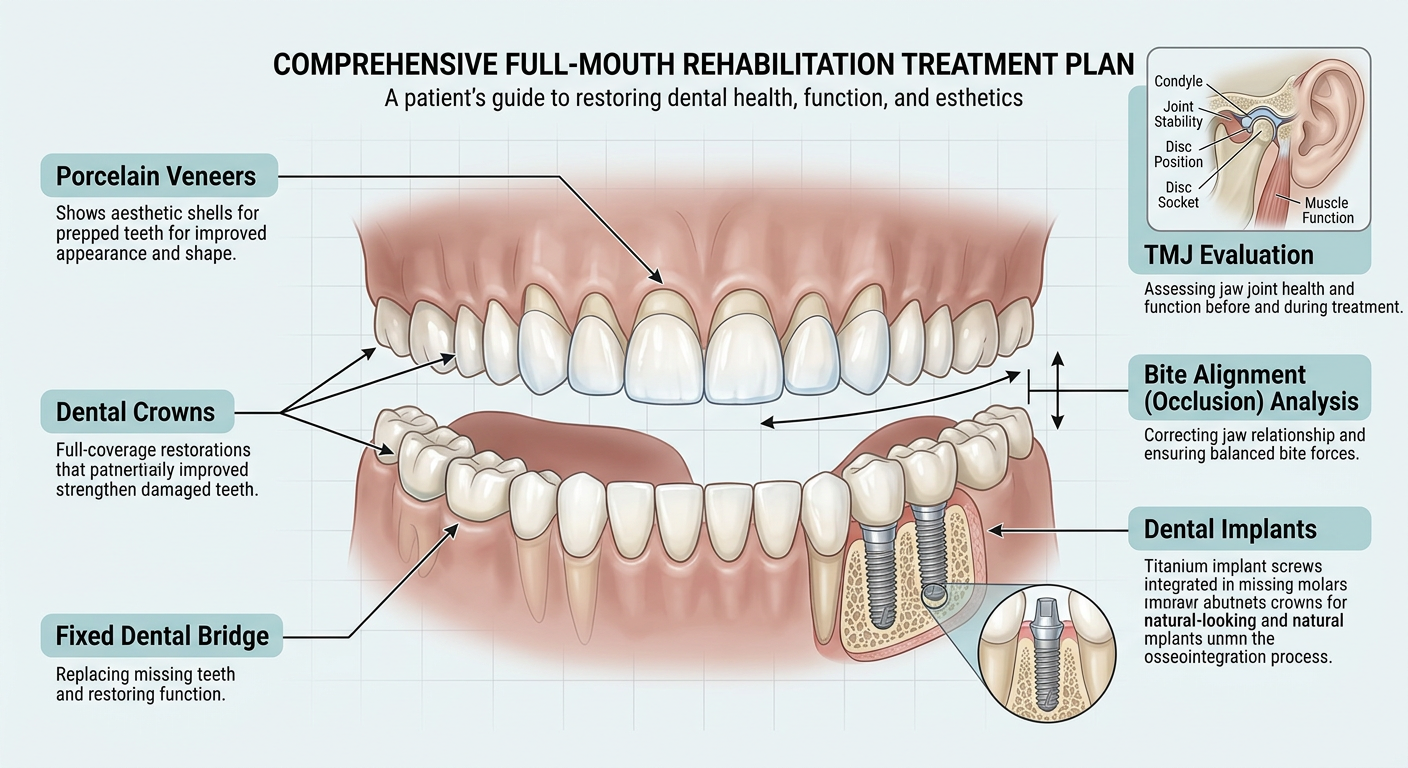 Diagram of treatments included in full mouth rehabilitation in Pickering, veneers, crowns, bridges, implants, bite alignment, and TMJ evaluation