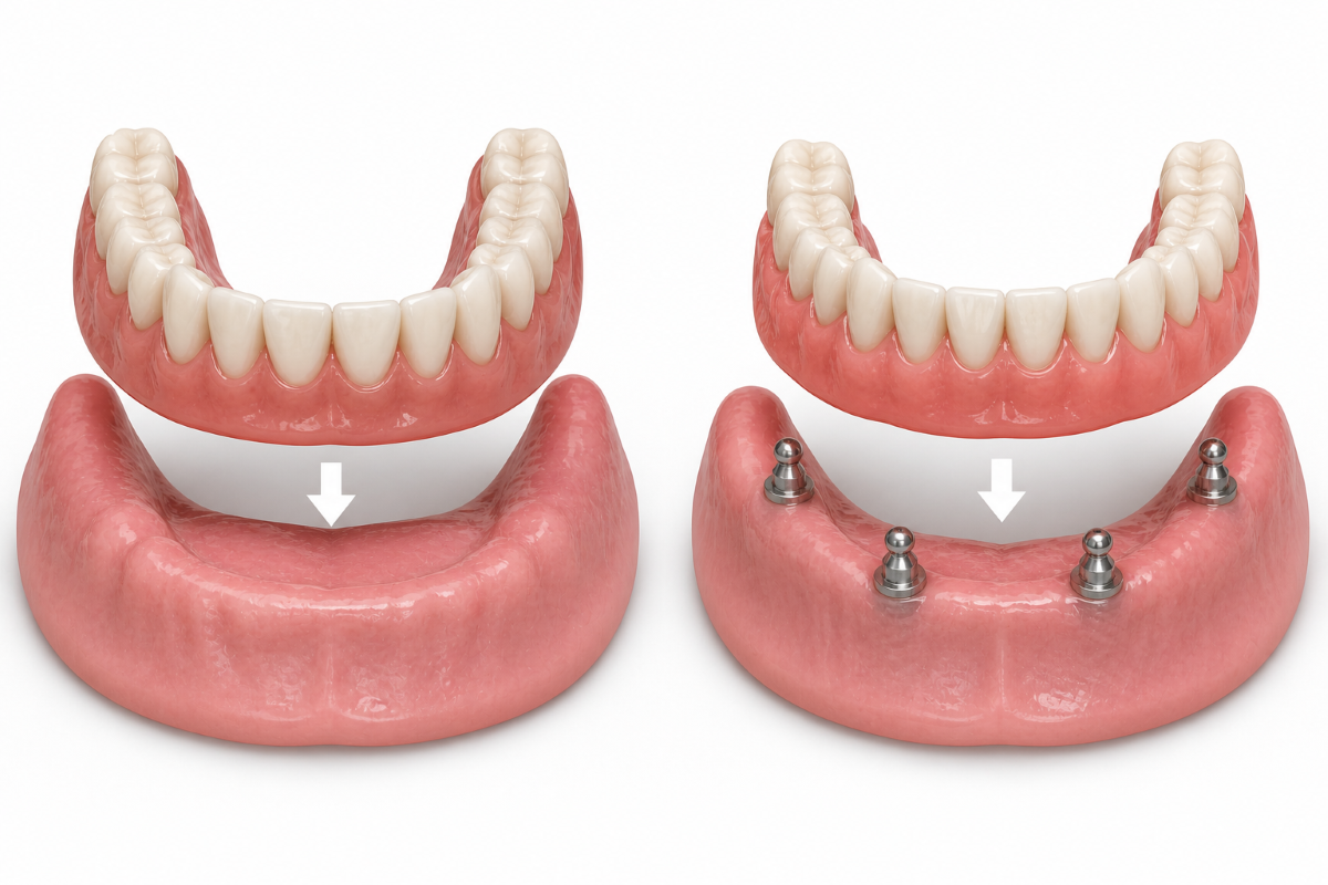 Side-by-side comparison of traditional removable dentures and implant-supported snap-on dentures in Pickering at Bayly Dental Clinic