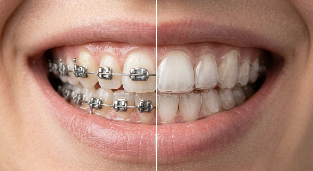 Clear Aligners vs. Traditional Braces, Orthodontist in Pickering, ON at Bayly Dental Clinic Side-by-side comparison of traditional metal braces and clear aligners during orthodontist treatment in Pickering, ON