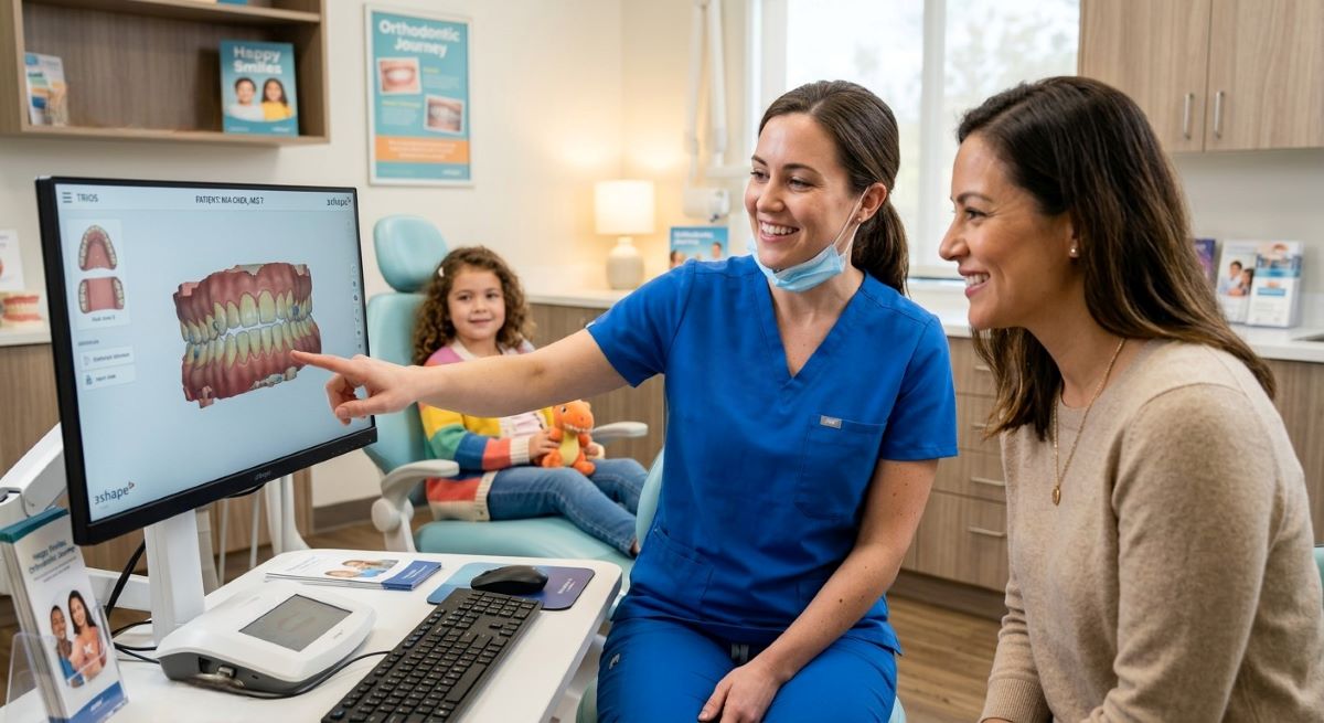 Pediatric dentist reviewing a 3D iTero digital scan with a mother during an Early Interceptive Orthodontics in Pickering consultation
