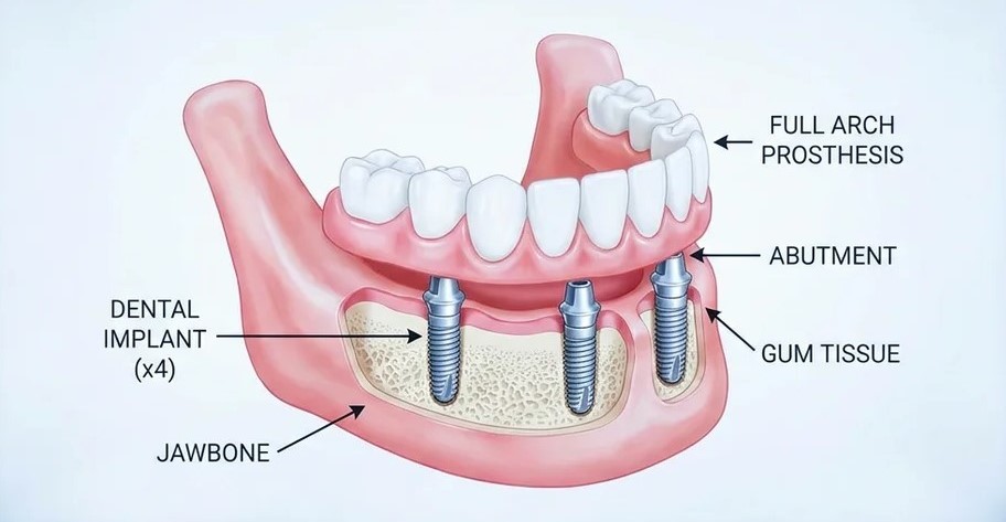 All-on-4 Dental Implants in Pickering, Step-by-Step Anatomical Illustration by Bayly Dental Clinic Procedural anatomical illustration of All-on-4 dental implants in Pickering showing four titanium implants in the jawbone, abutments, gum tissue, and a fixed full-arch prosthesis at Bayly Dental Clinic