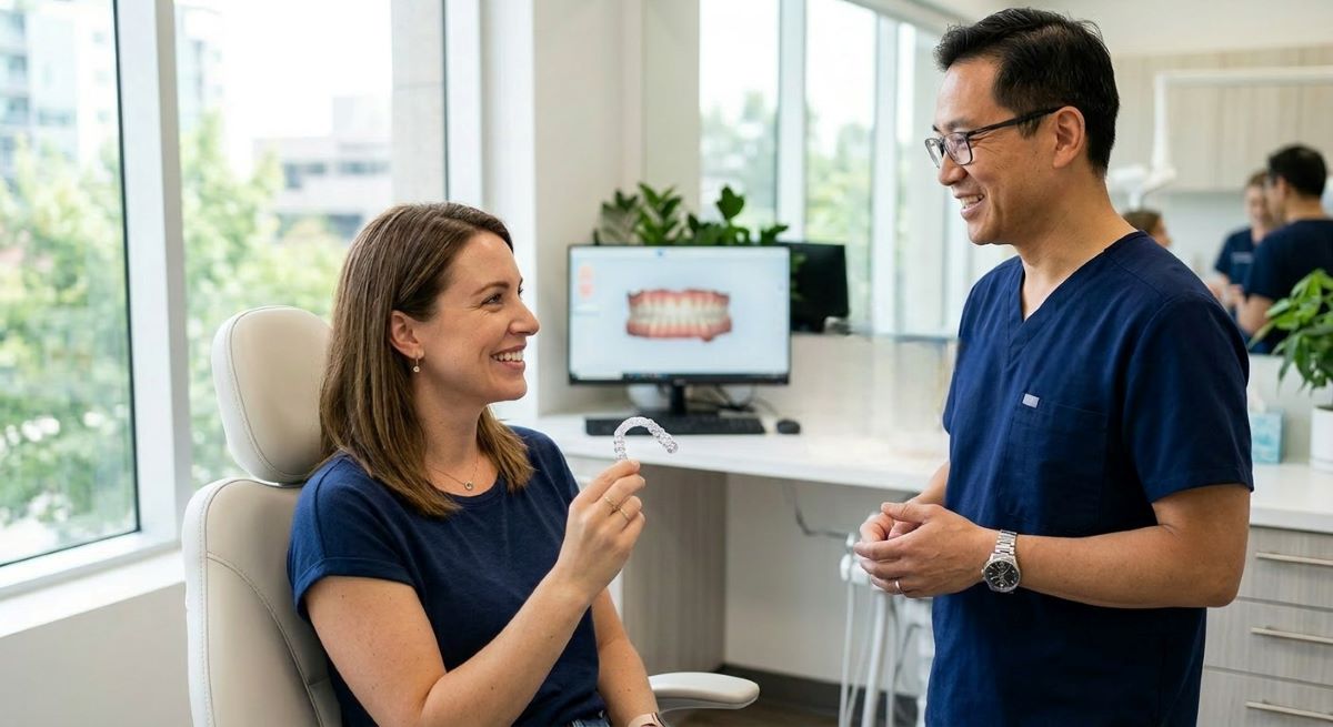 Clear Aligners Pickering Consultation at Bayly Dental Clinic Patient holding clear aligners during a consultation with a Pickering dentist reviewing a 3D digital treatment plan