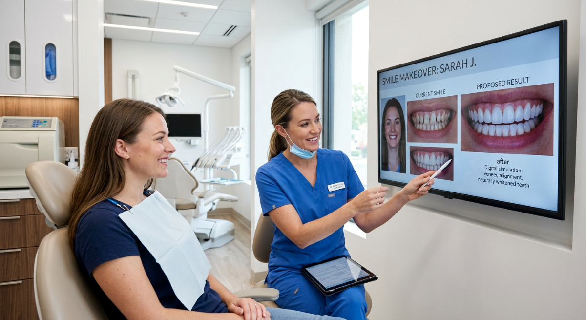Smile makeover in Pickering consultation showing digital veneer simulation with current smile and proposed result on chairside monitor