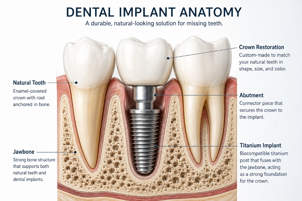 Labeled dental implant anatomy diagram showing crown restoration, abutment, titanium implant, jawbone, and natural tooth for Dental Implants in Pickering, ON