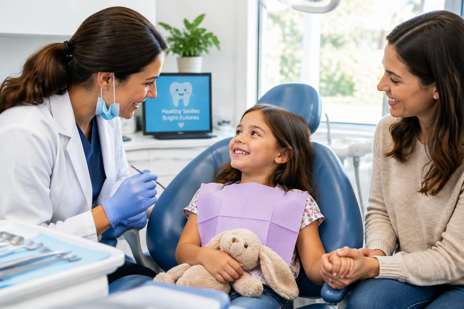 Tooth Extraction for Kids - Bayly Dental Clinic, Pickering Dentist talking gently with a smiling child and parent before a tooth extraction at Bayly Dental Clinic in Pickering