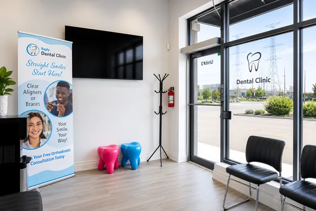 Waiting area with orthodontic banner at Bayly Dental Clinic