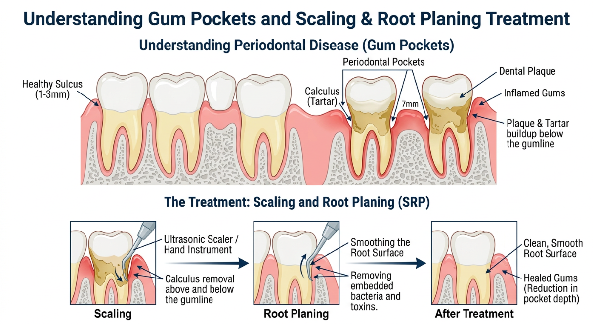 Scaling and root planing in Pickering diagram showing periodontal gum pockets, calculus removal, and root surface healing