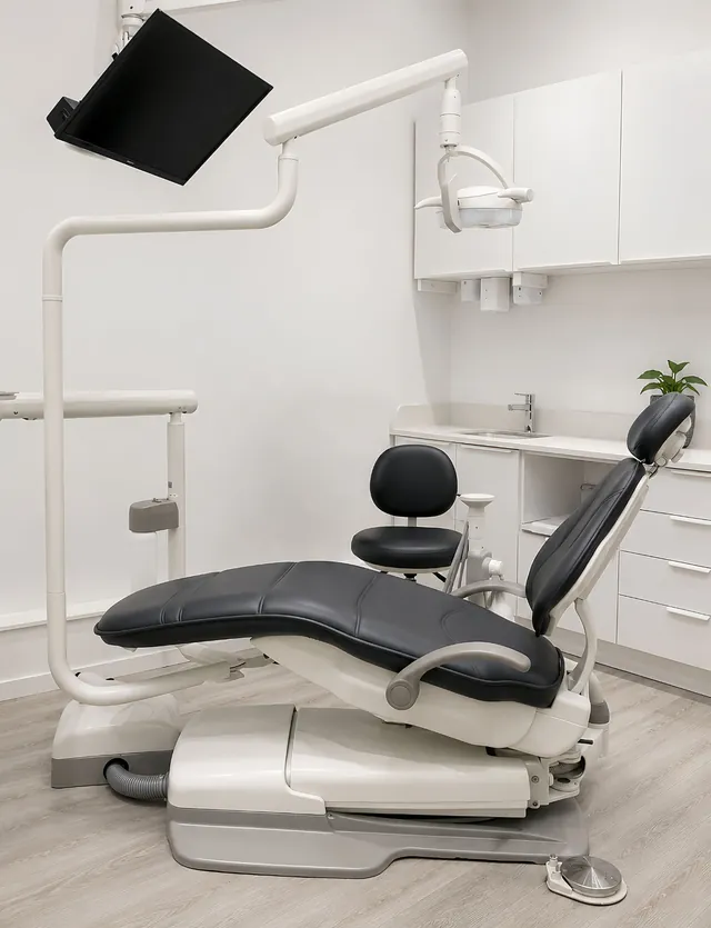 Dental operatory chair and monitor at Bayly Dental Clinic