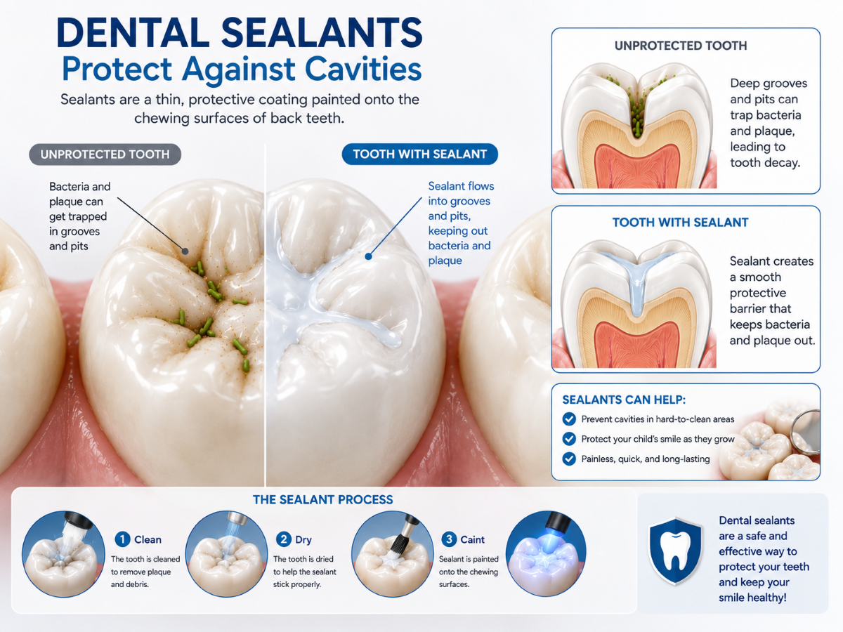 Dental sealants in Pickering procedure diagram comparing an unprotected molar with bacteria-filled grooves to a tooth with sealant providing a smooth protective barrier