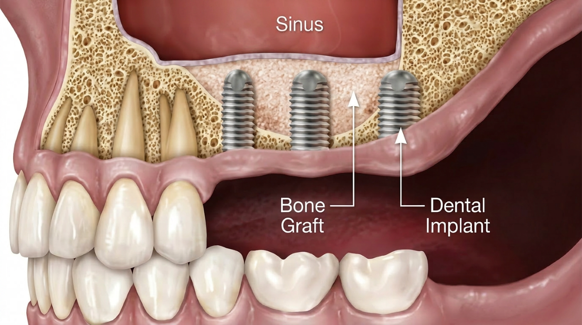 Sinus lift in Pickering ON, surgical placement of bone graft material beneath the sinus membrane to support future dental implants at Bayly Dental Clinic